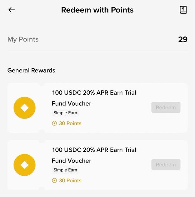 A "Redeem with Points" screen on Binance shows the user has 29 points, while two available rewards—100 USDC 20% APR Earn Trial Fund Vouchers under Simple Earn—each require 30 points to redeem, making them just out of reach. This illustrates the post's point that beginners should pay closer attention to the points required for rewards, not just their balance.