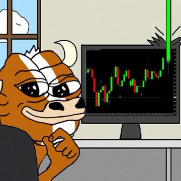 A cartoon cow character with an exaggerated smile holds a cigar while looking at a computer monitor displaying a green and red stock market candlestick chart with a large upward green arrow.