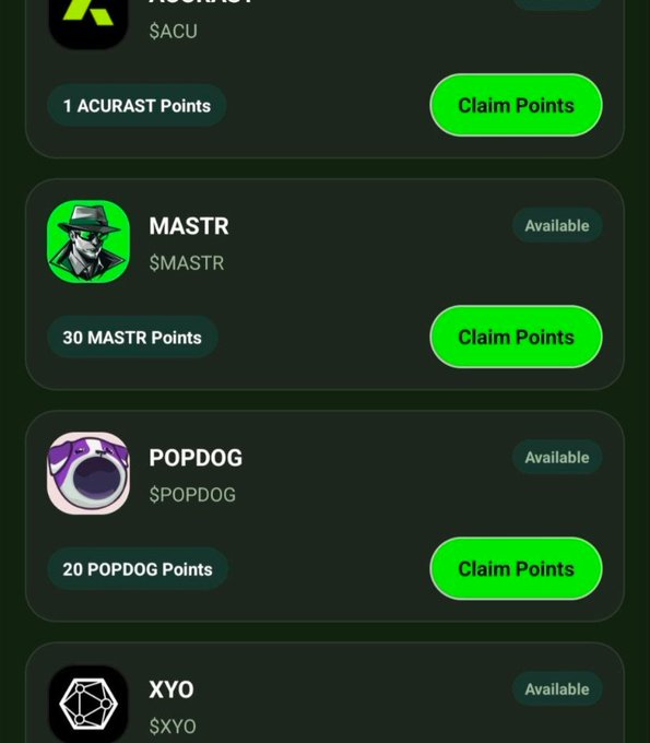 A mobile app screen displays crypto airdrop claim buttons for ACURAST, MASTR, POPDOG, and XYO tokens, each with 'Claim Points' or 'Available' status.