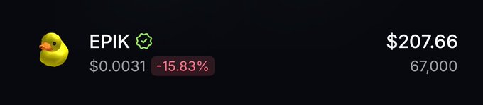 A cryptocurrency price display showing 'EPIK' with a price of '$0.0031', down '-15.83%', and a market cap or volume of '$207.66' with '67,000' shown.
