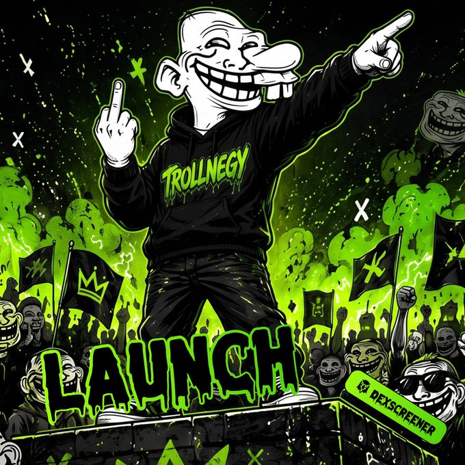 A bold cartoon troll mascot wearing a black "TROLLNEGY" hoodie points triumphantly while standing on a stage before a cheering crowd of troll-faced fans holding flags, with "LAUNCH!" emblazoned across the front in dripping green graffiti-style text, perfectly capturing the celebratory meme coin launch energy alongside the provided $TROLLNEGY contract and DexScreener link.
