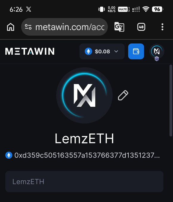 A mobile screenshot of the metawin.com website displaying a user profile named 'LemzETH' with an Ethereum wallet address.