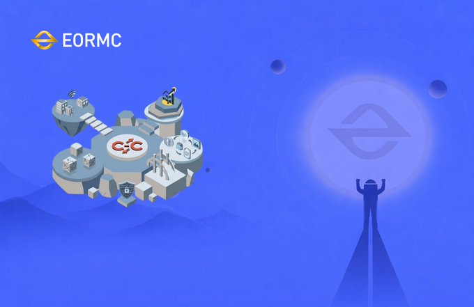 A promotional graphic for EORMC displayed against a blue background features an isometric floating island illustration with various technological and financial icons—including blockchain networks, security shields, and decentralized platforms—surrounded by floating spheres. On the right side, a silhouette figure reaches up toward a glowing EORMC logo, visually symbolizing the company's vision of cross-chain technology and interoperable asset systems.