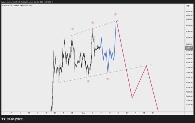 A TradingView chart of BTCUSDT on Binance's 1-hour timeframe displays a price projection within an ascending channel, marked with wave counts ①–⑤, showing a completed impulse pattern (blue) and an anticipated corrective move (pink) targeting the $73,000–74,000 range.
