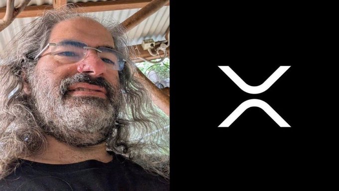 A selfie of a man with long gray hair, glasses, and a beard next to the white XRP logo on a black background.