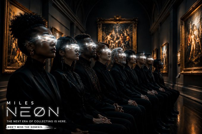 A lineup of figures wearing glowing futuristic visors stands in a classical art gallery, with the text "MILES NEON" and "THE NEXT ERA OF COLLECTING IS HERE. DON'T MISS THE GENESIS." displayed, visually merging Renaissance art aesthetics with cyberpunk digital innovation to promote the NFT collection.