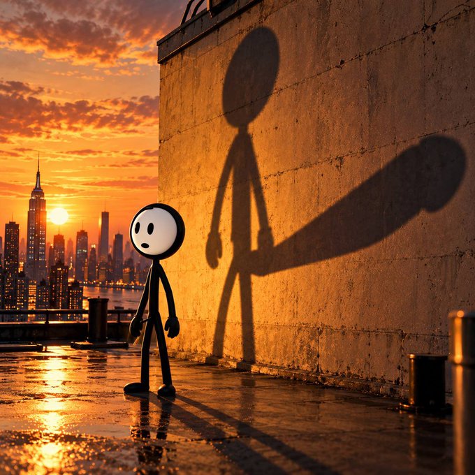 A small black-and-white stick figure with a surprised expression stands on a wet rooftop at sunset, casting a disproportionately large shadow against a concrete wall, with a city skyline visible in the background.