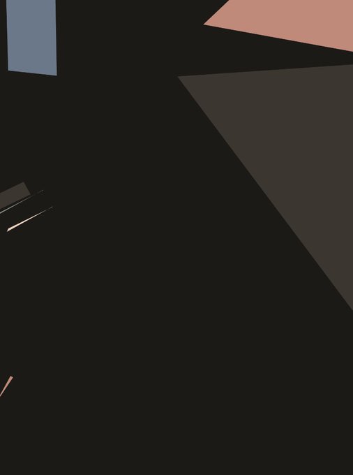 A minimalist abstract image featuring geometric shapes in black, blue, pink, and dark gray against a dark background.