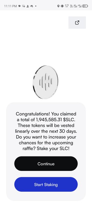 A mobile app screen displaying a congratulations message for claiming '1,945,585.31 $LC' tokens that will be vested over 30 days, with options to 'Continue' or 'Start Staking'.
