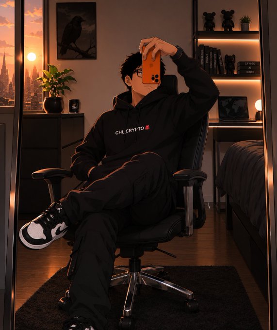 A young person in a black hoodie labeled "CH_CRYPTO" takes a mirror selfie with an orange phone in a warmly lit bedroom, symbolizing the crypto enthusiast's optimistic outlook for August and questioning whether the market will "print" gains this month.