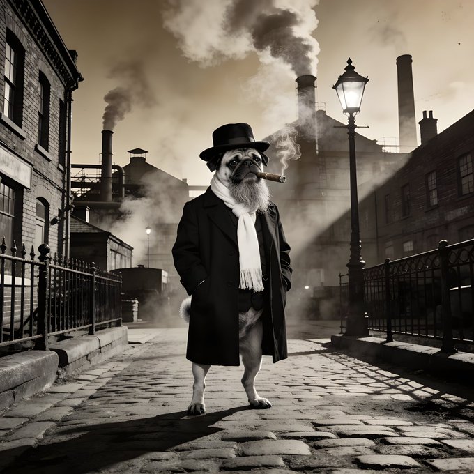 A sepia-toned digital artwork depicts an anthropomorphic dog standing upright on a cobblestone street, dressed in a Victorian-era black coat, white scarf, and top hat while smoking a cigar, set against an industrial backdrop with smoke stacks.
