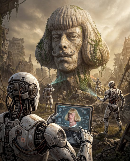 A post-apocalyptic sci-fi scene featuring weathered robots exploring ruins, with one in the foreground using a laptop displaying a woman's face, set against a massive cracked stone head overgrown with vines.