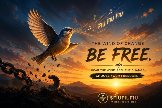 A promotional graphic featuring a bird breaking free from chains at sunset, with text reading 'THE WIND OF CHANGE - BE FREE - HEAR THE WIND. FEEL THE CHANGE. CHOOSE YOUR FREEDOM' and the brand 'FIUFIUFIU - FREEDOM IS A CHOICE.'