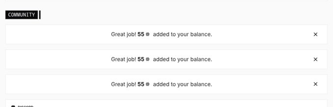 Three notification pop-ups from a community page stating "Great job! 55 ₺ added to your balance."