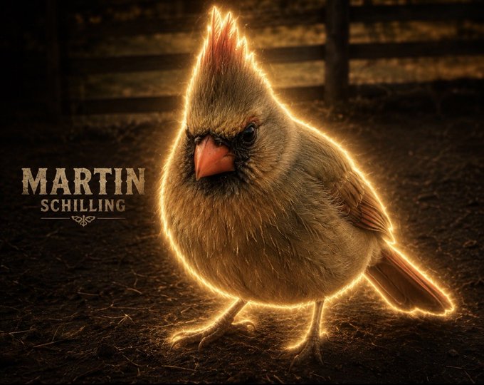 A promotional image for Martin Schilling featuring a female cardinal with a glowing golden outline against a dark background.