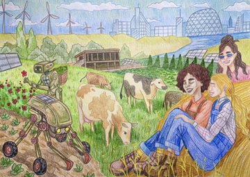 An illustrated scene depicting a sustainable future with people relaxing in a hay field alongside cows, a farming robot, solar panels, and wind turbines.