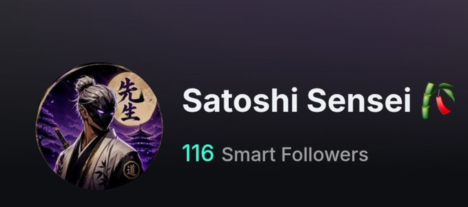 A social media profile for 'Satoshi Sensei 🌶️' showing 116 Smart Followers next to an anime samurai avatar.