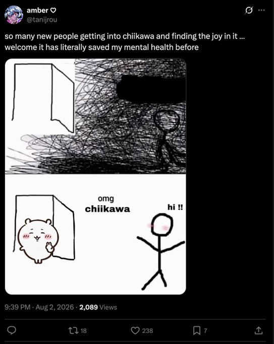 A screenshot of a post by user 'amber @tanjirou' reading 'so many new people getting into chiikawa and finding the joy in it... welcome it has literally saved my mental health before'. It features a two-panel comic showing a distressed stick figure encountering a cute cat character emerging from a box, with text 'omg chiikawa' and 'hi !!'.
