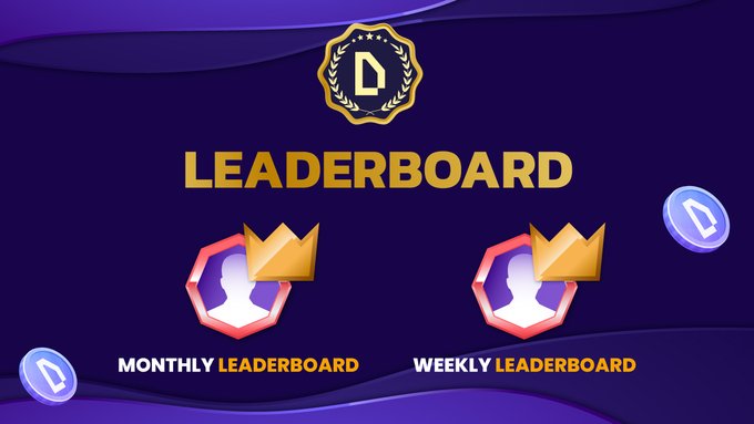 A leaderboard graphic for Dypians featuring a golden badge logo at the top, with two hexagonal medals crowned in gold below labeled "MONTHLY LEADERBOARD" and "WEEKLY LEADERBOARD," set against a deep purple background with floating coin icons. The image reinforces the post's call to action by visually highlighting the two competitive leaderboards where accumulating stars will better position players for an upcoming exciting update.
