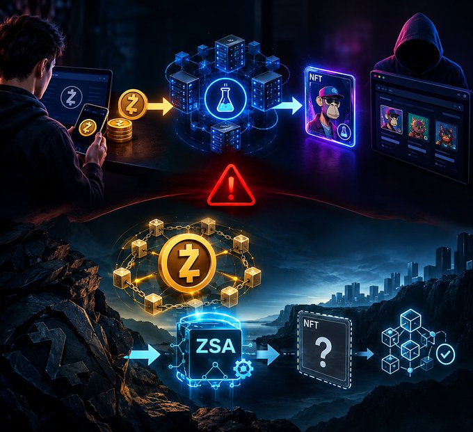 A digital illustration depicting cryptocurrency and NFT transactions with warning symbols, showing a hooded figure, a Zcash coin, 'ZSA' token, and NFT icons connected by arrows.