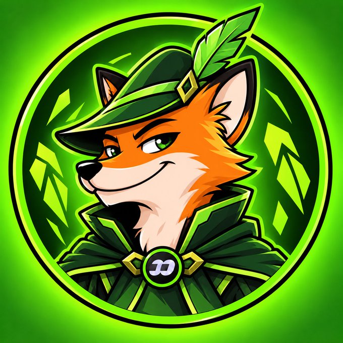 A vibrant green digital illustration of a smug-looking fox wearing a ranger hat and cloak, with a small 'B' emblem on its chest, set against a glowing green circular background.