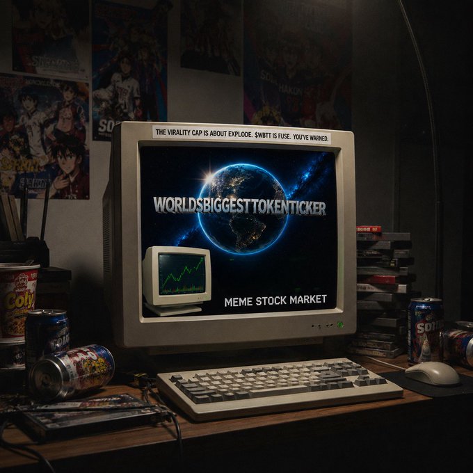 A retro-style monitor on a cluttered desk displays "WORLDSBIGGESTTOKENTICKER" with the tagline "THE VIRALITY CAP IS ABOUT EXPLODE. $WBTT IS FUSE. YOU'VE WARNED" and "MEME STOCK MARKET" alongside a rising line graph and Earth imagery, promoting the $WBTT token featured on lolzzzz.xyz.