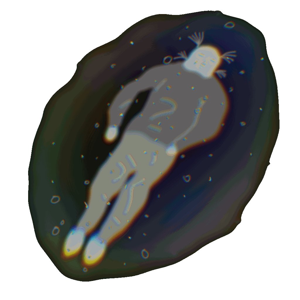 The image features a cartoon illustration of a person floating in space, wearing a gray sweater and pants. The person appears to be sleeping or floating, with their arms outstretched as if they are floating above water. The background of the image is black, which contrasts with the white text that reads "I have just collected sparkling sleep" by @michi_asu on @objktcom/tokens/KT1QJUM ...". This post seems to be a humorous or whimsical take on the concept of floating in space.