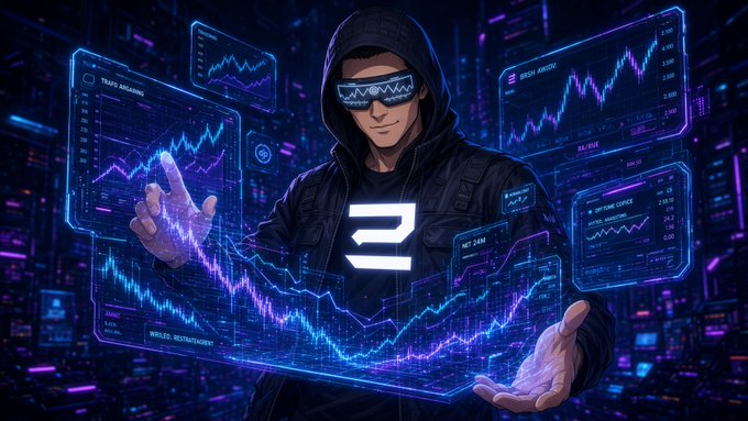 An anime-style illustration of a person wearing a dark hoodie with the Dash (DASH) cryptocurrency logo, manipulating glowing digital trading charts and data screens.
