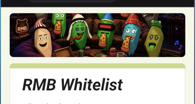The image shows a promotional banner for the "RMB Whitelist," featuring colorful cartoon characters in a cozy, game-like setting wearing various hats and accessories, with the RMB bear logo visible. Below the artwork is the heading "RMB Whitelist," which corresponds to the post inviting users to fill out a whitelist form at the linked Google Docs URL, requiring an EVM wallet drop to participate.