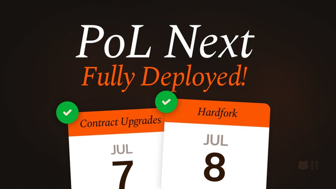 A promotional graphic titled 'PoL Next Fully Deployed!' shows two calendar entries marked with green checkmarks: 'Contract Upgrades' on Jul 7 and 'Hardfork' on Jul 8.