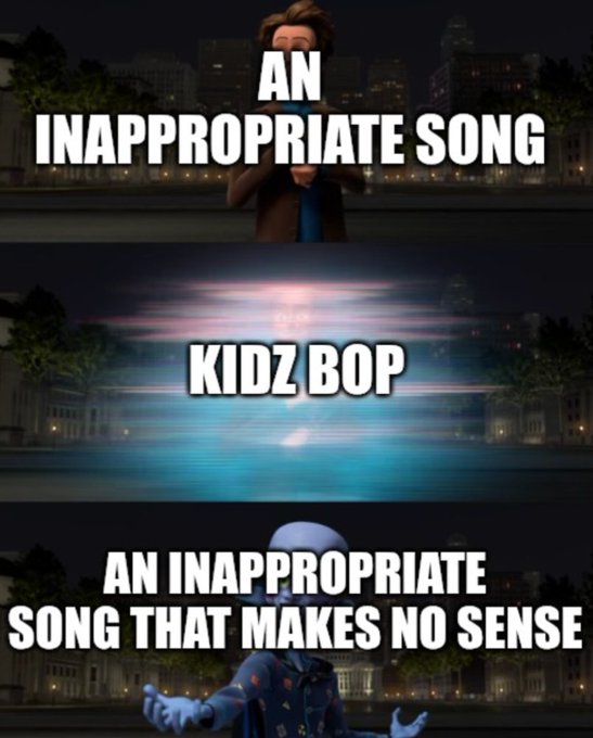 The image shows a collage of three different scenes from a movie, with each scene featuring a character named Kidz Bop. The first scene depicts Kidz Bop standing against a city skyline at night, while the second scene shows him holding his arms outstretched in front of a building. The third scene features Kidz Bop sitting on top of a building and looking down at the ground below. The collage is titled "An inappropriate song that makes no sense" and includes text that reads "an inappropriate song that makes no sense".