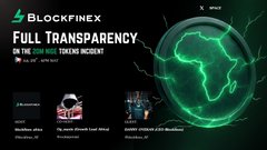 A dark promotional graphic for Blockfinex advertising 'FULL TRANSPARENCY IN THE COIN AGE TRADING INCIDENT' with a green glowing Africa map and references to Bitcoin and USDT.