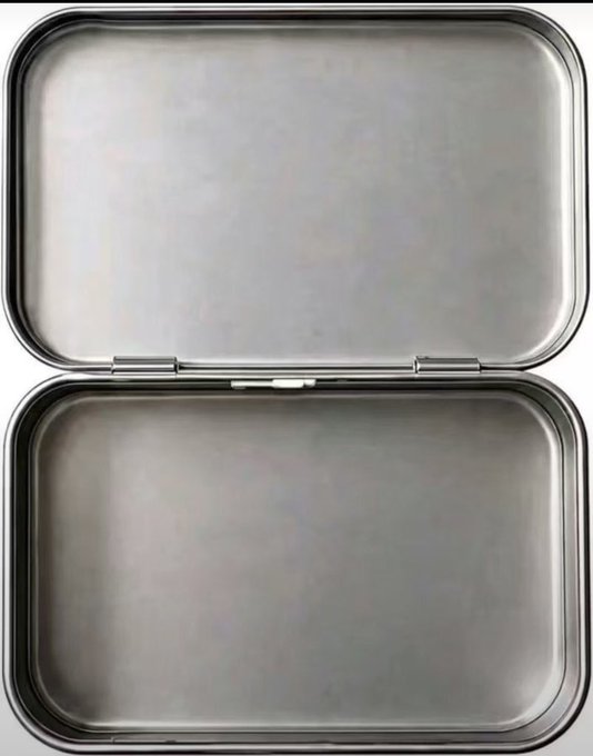 An empty, open rectangular stainless steel tin box with a hinged lid is shown from above.
