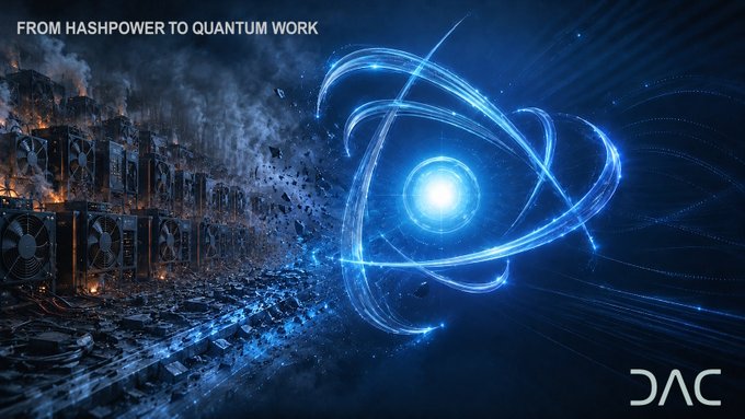 The image features a blue background with a white circle containing a lightbulb inside of it. The caption reads "From Hashpower to Quantum Work", which suggests that the image is related to the concept of blockchain mining, specifically the Proof of Quantum Work (PoQW) method. The PoQW method uses a quantum computer to solve complex mathematical problems in a fraction of the time compared to classical methods like SHA-256 hash functions. This new approach has been gaining traction and interest due to its potential for faster and more efficient blockchain mining, as well as its ability to address some of the limitations of classical methods.