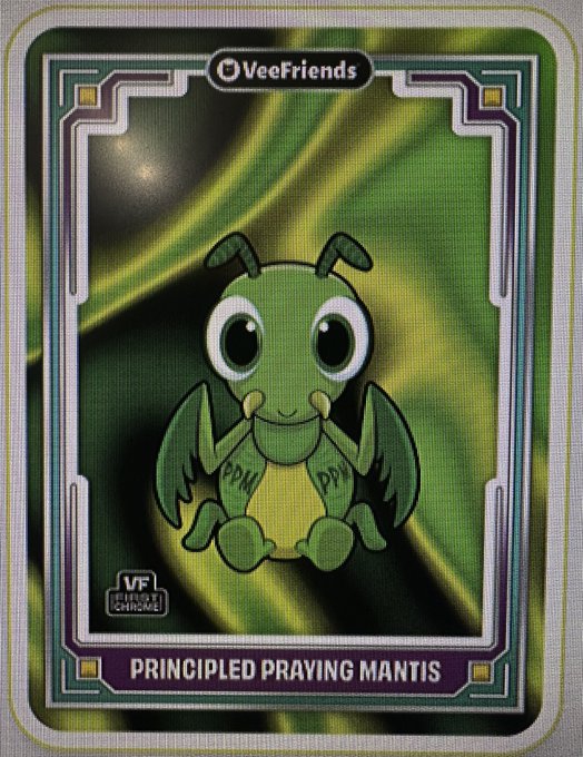 The image features a green cartoon dragon sitting inside a frame with a purple border, giving it an appealing and eye-catching appearance. The background of the image has a green color that complements the dragon's hue. The text "Princiled Praying Mantis" is written in black at the bottom right corner of the image. This suggests that the dragon might be associated with a trading card game or a collectible item, possibly related to the popular video game series "Zeefriends".