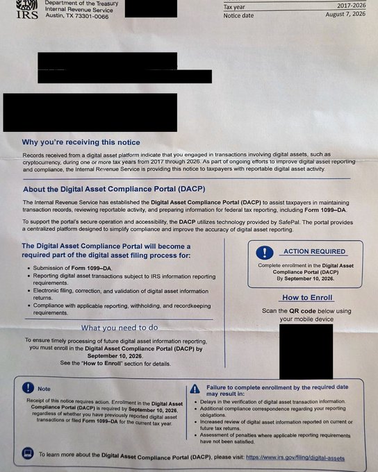 The image displays a fraudulent letter impersonating the IRS regarding "Digital Asset Compliance Portal (DACP)" enrollment for tax year 2017-2026, with a notice date of August 7, 2026, and featuring a QR code for enrollment—elements consistent with the IRS warning about a sophisticated phishing campaign using fake letters and QR codes to target crypto holders and steal wallet credentials.