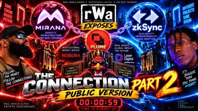A colorful promotional graphic titled 'THE CONNECTION PART 2 PUBLIC VERSION' featuring logos for Mirana, rWa (real world alpha), zkSync, Nomura, Plume, and Laser Digital, with a countdown timer showing '00:00:59'.