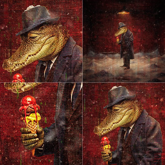 A noir-style artwork collage showing a crocodile in a suit and fedora hat holding a dripping ice cream cone topped with a red skull, set against a dark red background.
