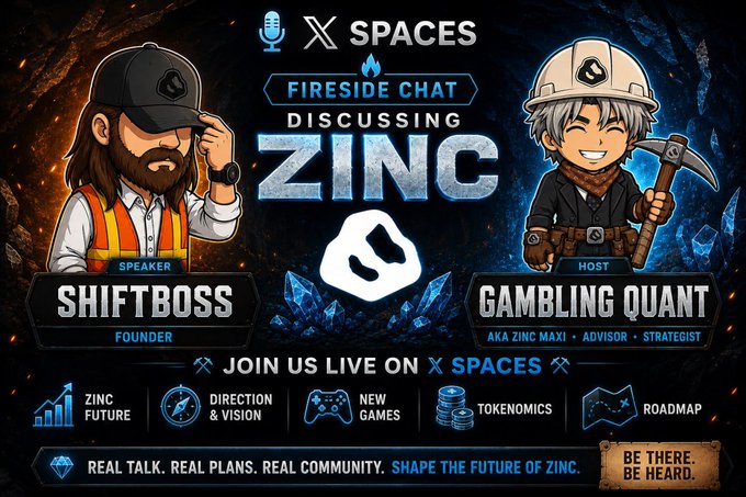 A promotional graphic for an X Spaces 'Fireside Chat' discussing 'ZINC', featuring cartoon avatars of 'Speaker ShiftBoss Founder' and 'Host Gambling Quant' with topics like 'Zinc Future' and 'Tokenomics'.