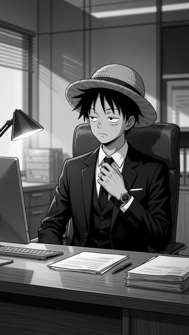 A black-and-white anime-style illustration depicts a young man in a straw hat and business suit sitting at an office desk, adjusting his tie while paperwork lies scattered before him.