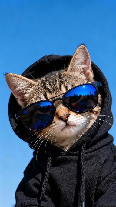 A tabby kitten wearing black sunglasses and a black hoodie, photographed against a clear blue sky in a stylish, anthropomorphic portrait.