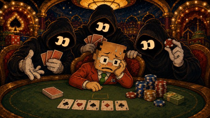 A distressed poker player sits sweating at a casino table, surrounded by three hooded “11” figures, with losing hands, poker chips, cards, and money emphasizing the pressure. The image illustrates the post’s “PvP battle royale poker game,” highlighting losses for “$STONKBROKER” and the need to protect both capital and mental health.