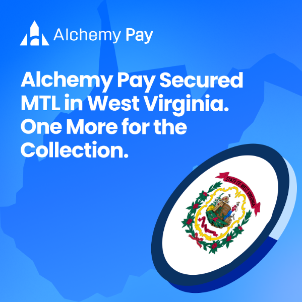 A promotional graphic from Alchemy Pay announces their Money Transmitter License (MTL) approval in West Virginia, featuring the Alchemy Pay logo at the top, an outline of West Virginia's state shape in the background, and the West Virginia state flag displayed in a circular badge, with the headline "Alchemy Pay Secured MTL in West Virginia. One More for the Collection." The image visually celebrates this regulatory milestone, representing the 12th of 19 states in their expanding U.S. compliance footprint.