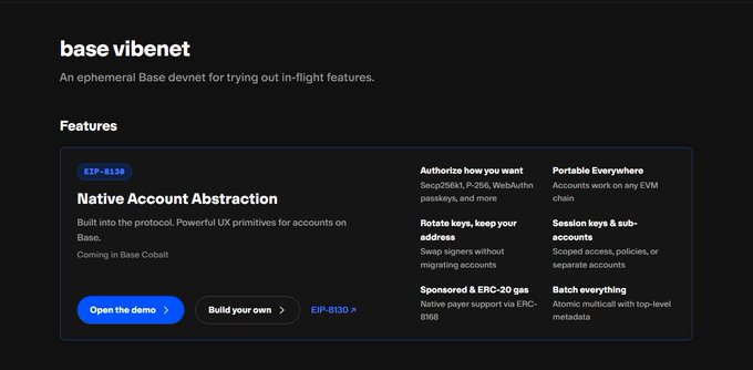 The image displays a "base vibenet" webpage announcing Native Account Abstraction (EIP-8130) on Base, built in partnership with Optimism and Coinbase, and featuring a list of capabilities such as key rotation, gas sponsorship, and session keys, directly aligning with the post's announcement that EIP-8130 is now live for testing at vibes.base.org.