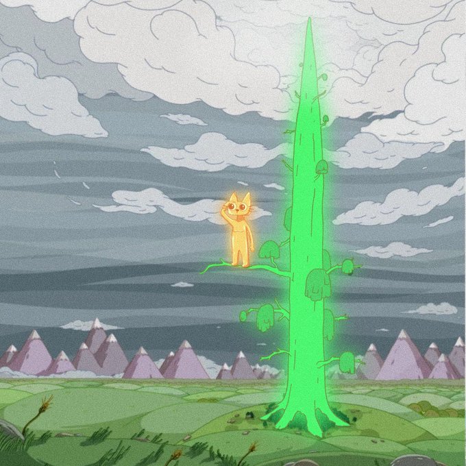 An animated scene featuring a glowing orange cat-like character sitting on a branch of a tall glowing green tree, with mountains and cloudy skies in the background.
