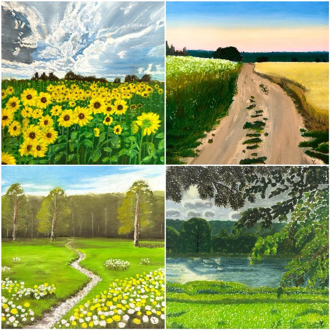 A collage of four landscape paintings featuring a sunflower field, a dirt path through meadows, a green meadow with wildflowers, and a lakeside scene with overhanging trees.