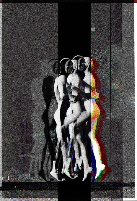 An artistic, grainy image of a figure in a white bodysuit with glitchy, chromatic aberration effects and a shadowy duplicate.