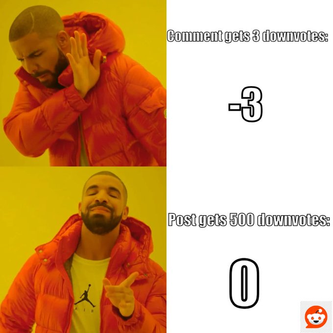 A Drake meme in the 'Drakeposting' format showing Drake rejecting 'Comment gets 3 downvotes: -3' while approving 'Post gets 500 downvotes: 0', commenting on Reddit's scoring system.
