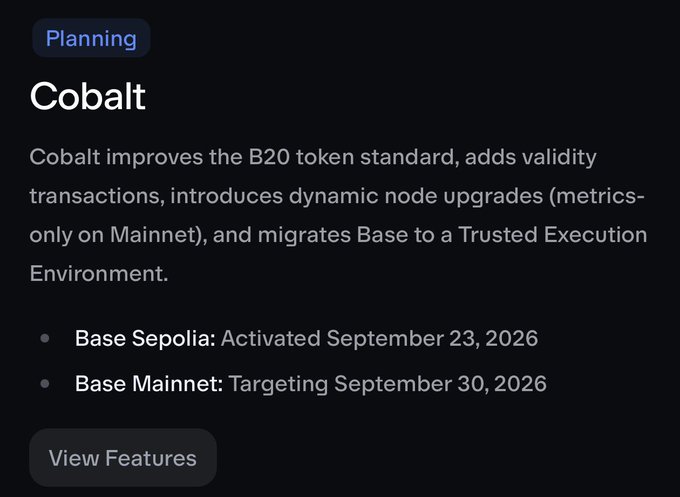 A dark-themed information panel titled 'Cobalt' tagged as 'Planning', describing that Cobalt improves the B20 token standard and migrates Base to a Trusted Execution Environment, with Base Sepolia activated September 23, 2026 and Base Mainnet targeting September 30, 2026.