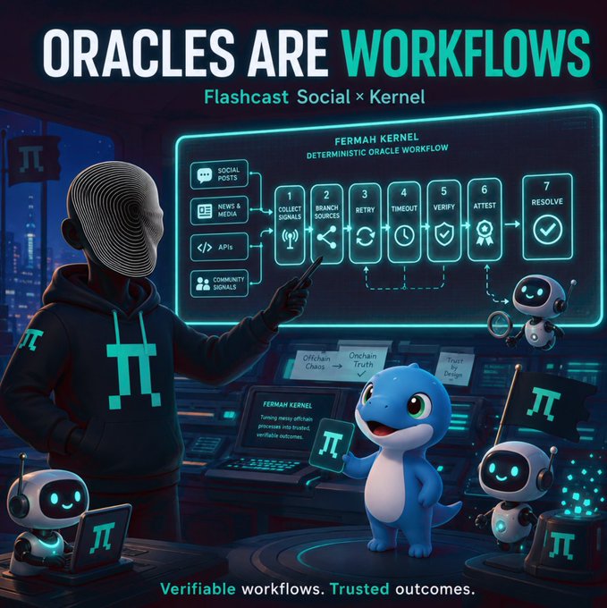 A hooded figure points to a holographic "FERMAH KERNEL" workflow diagram showing a 7-step deterministic oracle process (Collect Signals, Branch Sources, Retry, Timeout, Verify, Attest, Resolve), while a blue mascot holds the $\pi$ token alongside robots — visually illustrating the post's point that oracle design becomes complex when questions can't be answered by simply reading one price, requiring structured on-chain workflows to handle nuanced real-world signals.